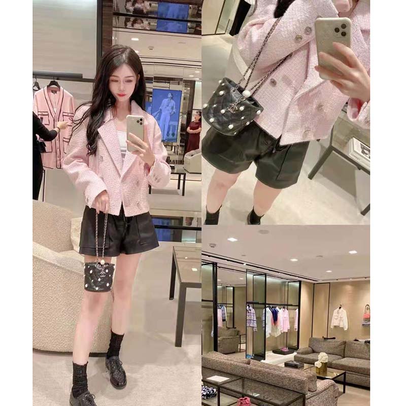 Chanel Women Mini Drawstring Bag Lambskin Imitation Pearls & Gold-Tone Metal Black