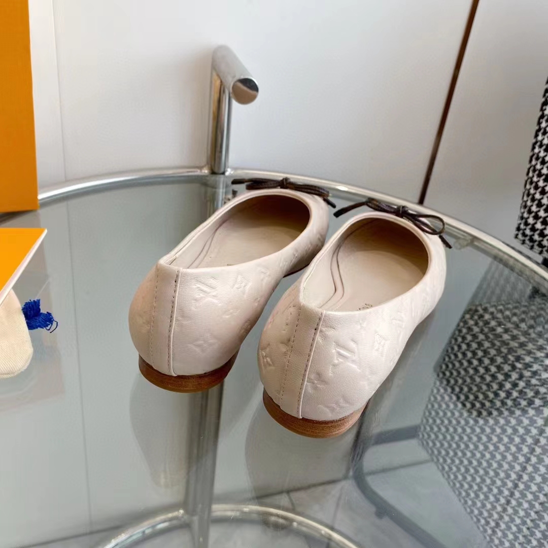 Louis Vuitton LV Women Nina Flat Ballerina Nude Pink Monogram Embossed Calf Leather Bow