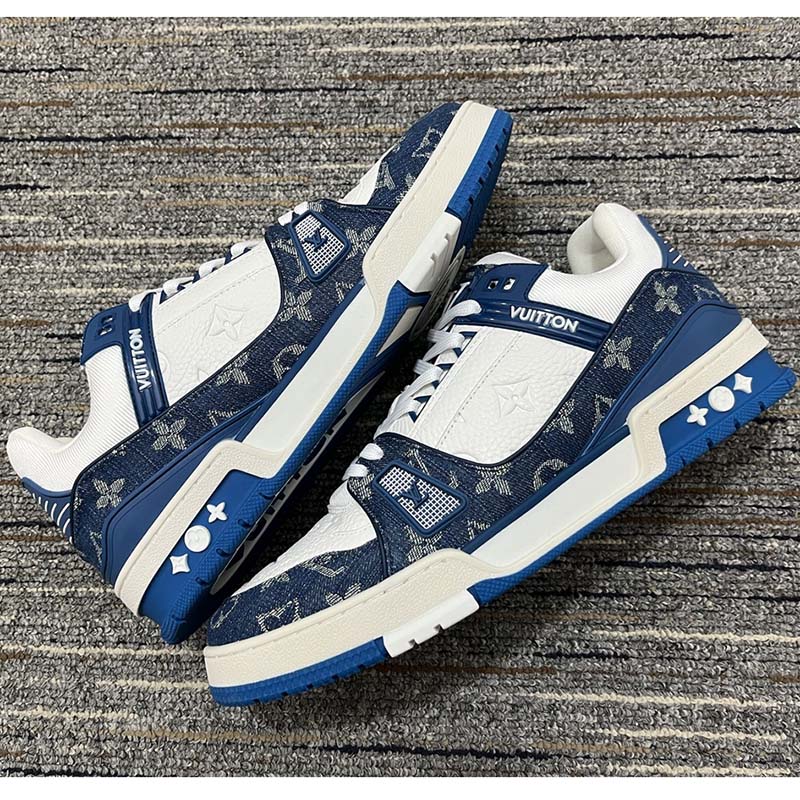 Louis Vuitton Unisex LV Trainer Sneaker Blue Monogram Denim Embossed Grained Calf Leather
