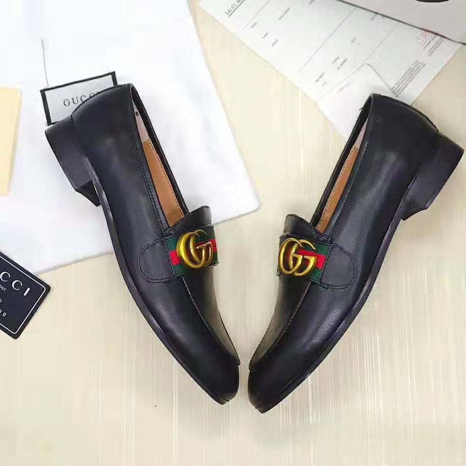 Gucci Men Leather Loafer with GG Web Shoes-Black