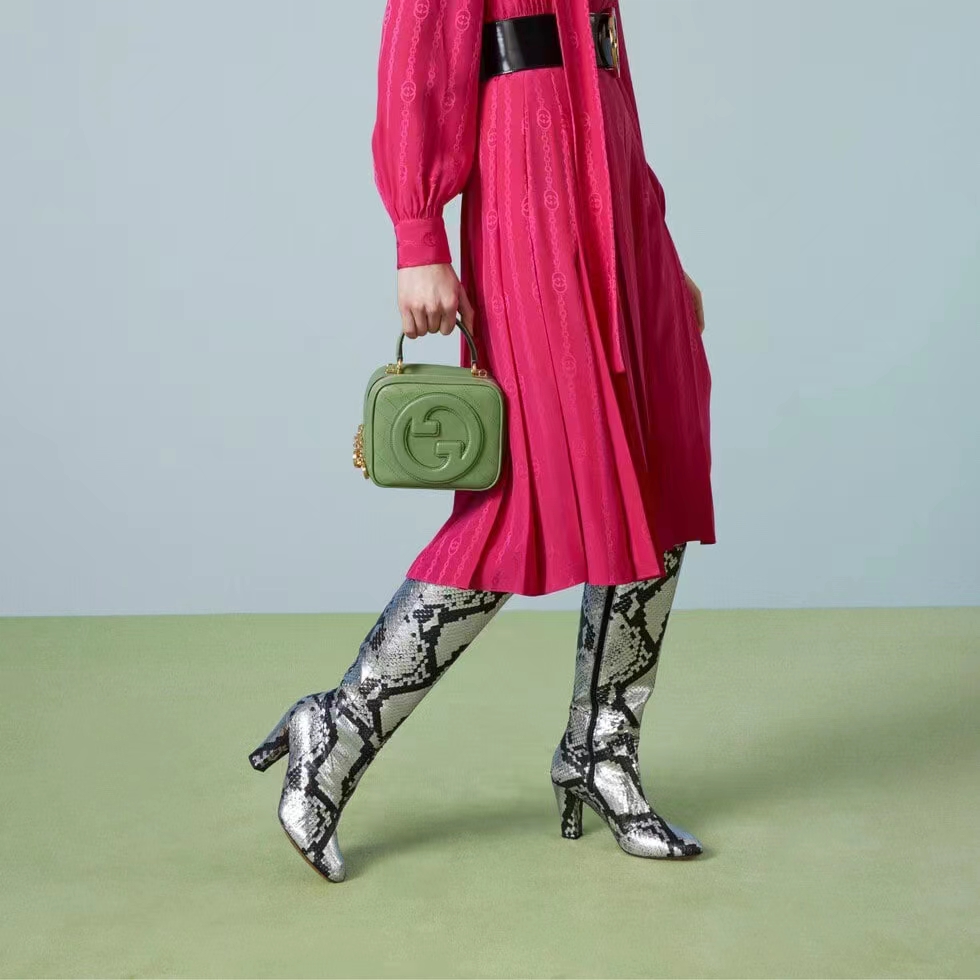 Gucci Women GG Blondie Top Handle Bag Light Green Leather Round Interlocking G