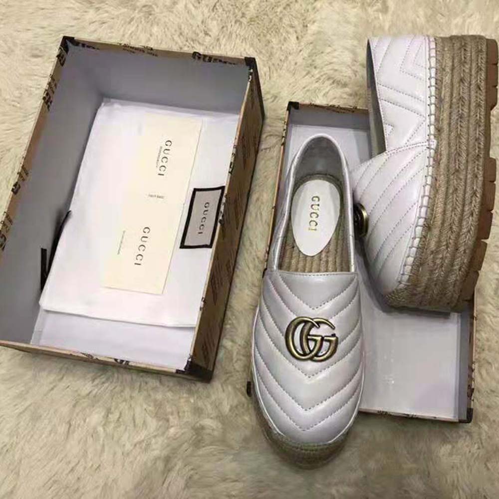 Gucci Women Chevron Leather Espadrille with Double G in 5.1 cm Height-White