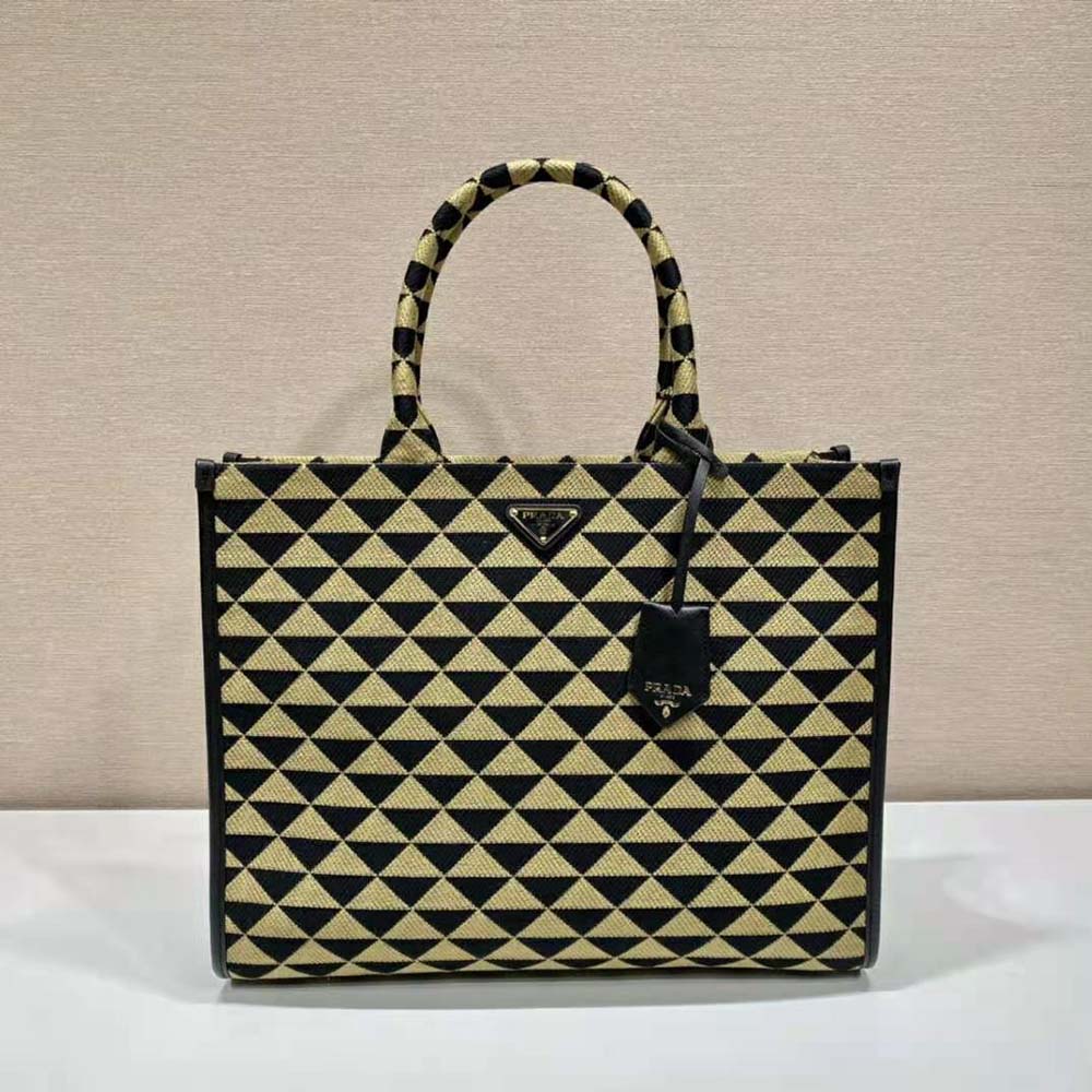 Prada Women Large Prada Symbole Jacquard Fabric Handbag-Brown