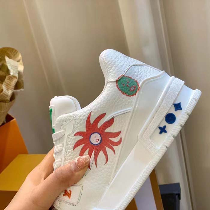 Louis Vuitton Unisex LV x YK LV Trainer Sneaker White Printed Grained Calf Leather Monogram Flowers