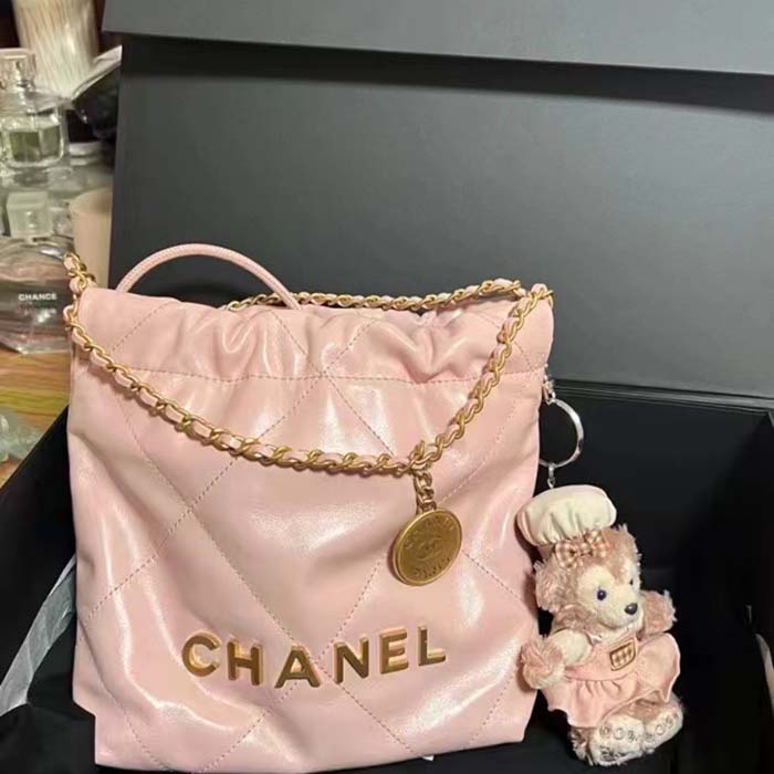 Chanel Women CC 22 Mini Handbag Shiny Calfskin Gold-Tone Metal Light Pink