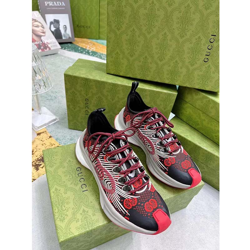 Gucci Unisex GG Run Sneaker Black Red Technical Knit Fabric Rubber Interlocking G