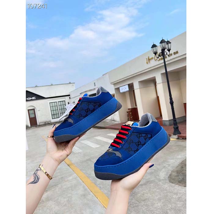 Gucci Unisex Screener GG Sneaker Blue Black Canvas Suede Dark Grey Leather Low Heel