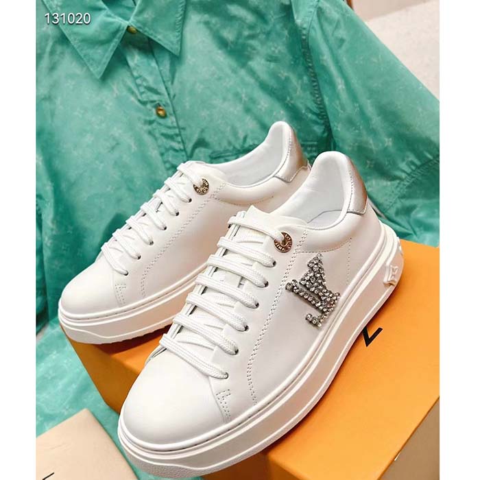 Louis Vuitton Unisex LV Time Out Sneaker Silver Calf Leather Strass Monogram Flowers