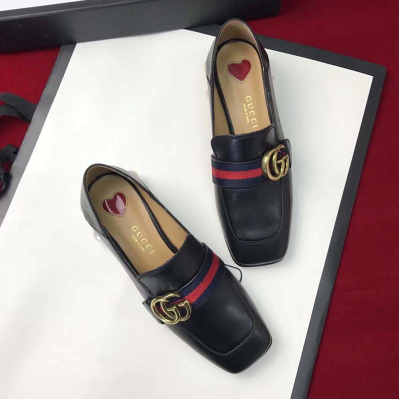 Gucci Women Leather Mid-Heel Loafer with Blue and Red Web-Black