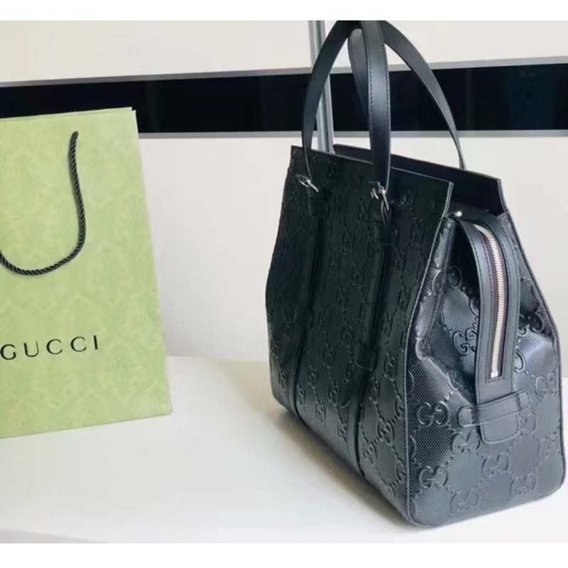 Gucci Unisex GG Embossed Tote Bag Black Leather Cotton Linen Lining