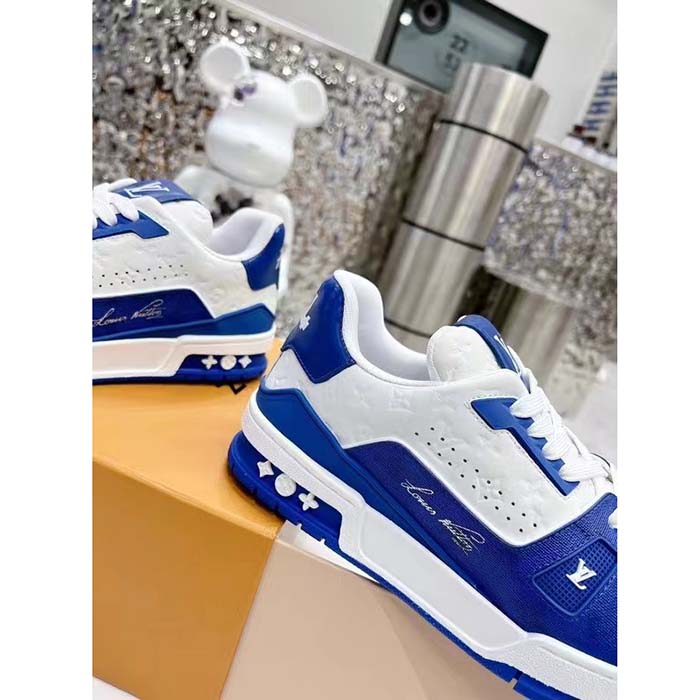 Louis Vuitton Unisex LV Trainer Sneaker Blue Mini Monogram Embossed Calf Leather