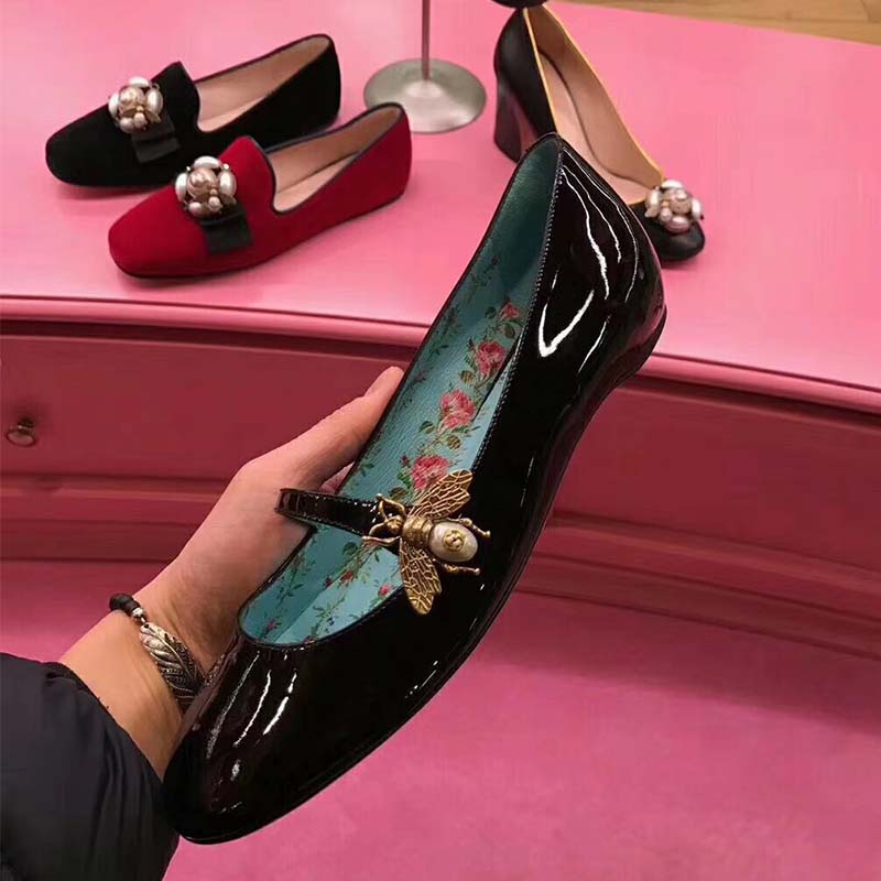 Gucci Women Shoes Patent Leather Ballet Flat with Bee 10mm Heel-Black