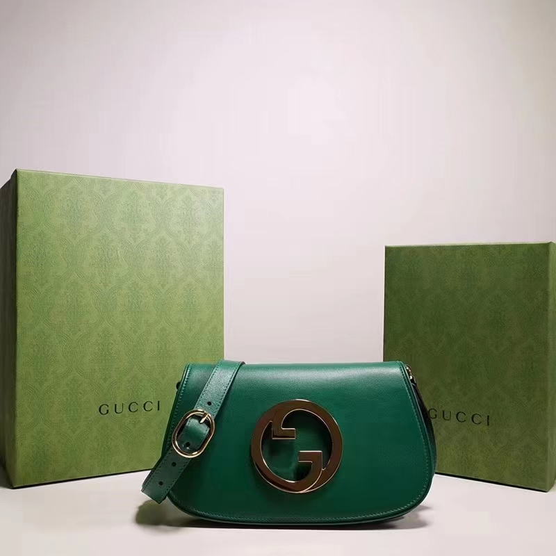 Gucci Women GG Blondie Shoulder Bag Emerald Green Leather Round Interlocking G