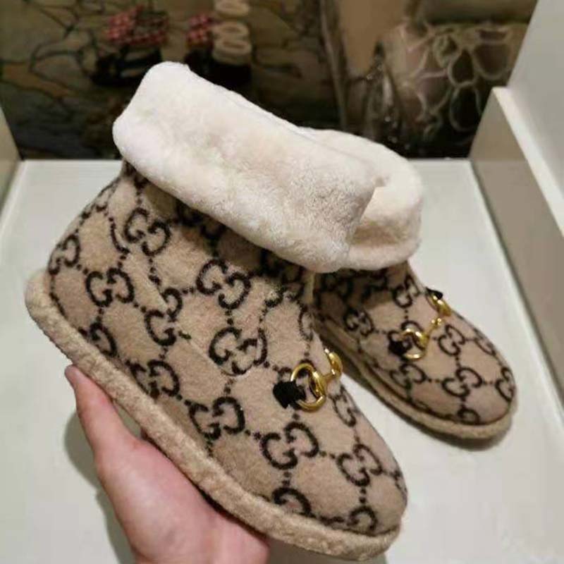 Gucci Unisex GG Wool Ankle Boot in Textured Fabrics-Beige