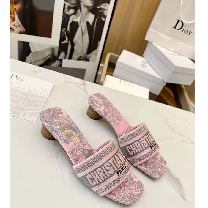 Dior Women CD Dway Heeled Slide Gray Pink Embroidered Cotton Toile De Jouy Reverse