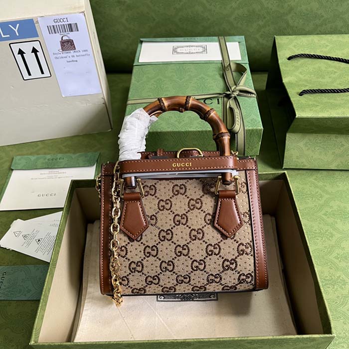 Gucci Women Diana Mini Tote Bag Camel Ebony GG Canvas Crystals Double G