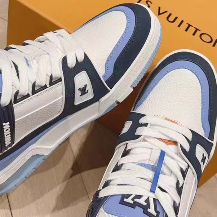 Louis Vuitton Unisex LV Trainer Sneaker Blue Nubuck Grained Calf Leather Rubber Initials