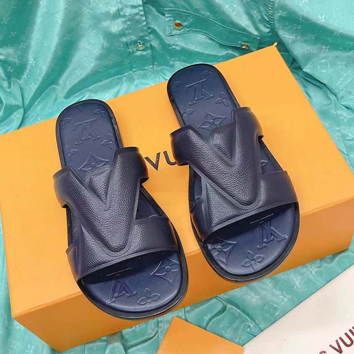 Louis Vuitton LV Unisex Oasis Mule Navy Blue Grained Calf Leather Rubber Outsole