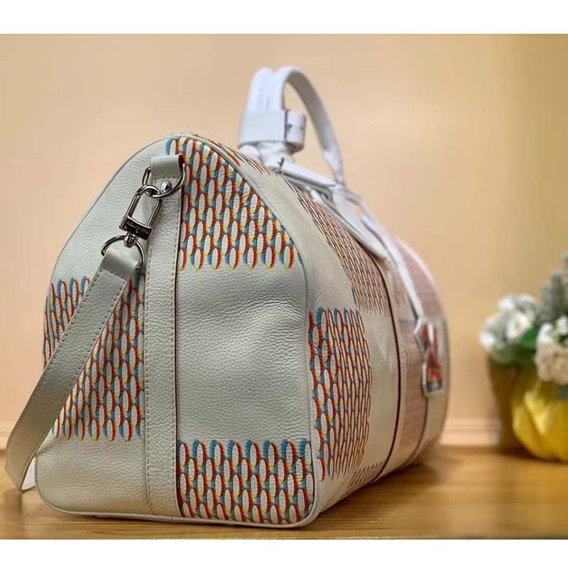 Louis Vuitton LV Unisex Keepall 50B White Damier Spray Cowhide Leather Textile Lining