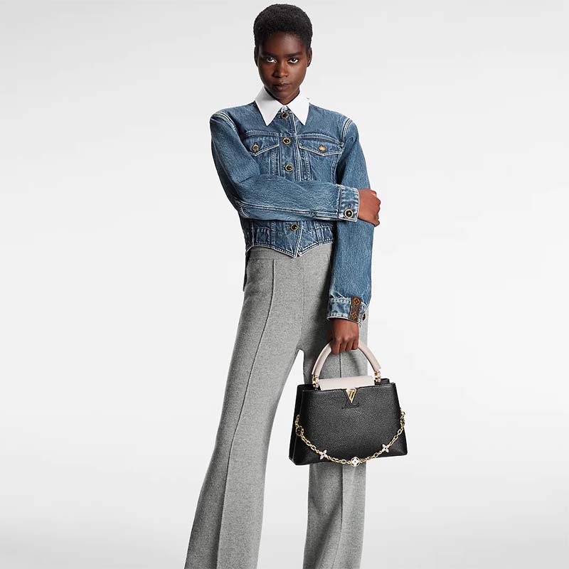 Louis Vuitton LV Women Capucines MM Handbag Black Gray Taurillon Leather