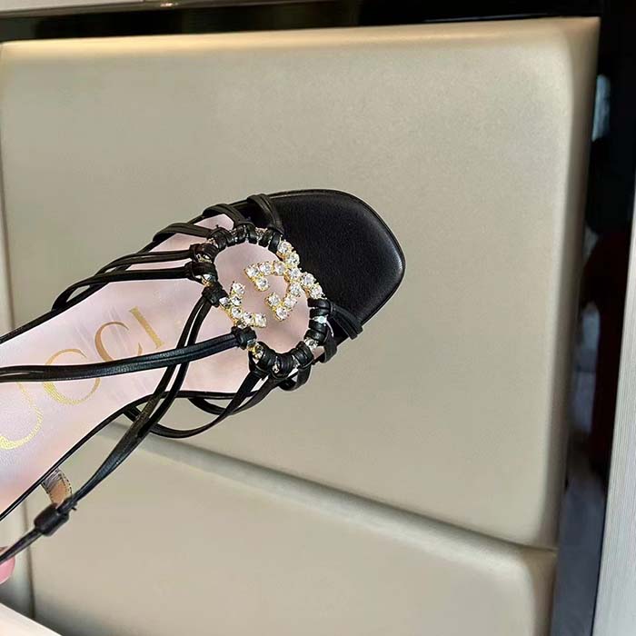 Gucci Women GG Sandal Interlocking G Black Leather High 9 Cm Heel