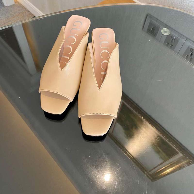 Gucci Women GG Mid-Heel Open-Toe Pump Light Pink Leather Sole 7.6 Cm Heel