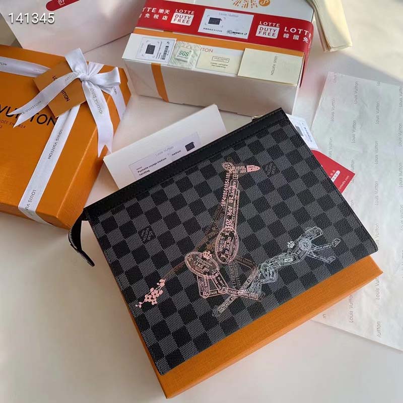Louis Vuitton LV Unisex Pochette Voyage MM Bag Damier Graphite Stamps Coated Canvas