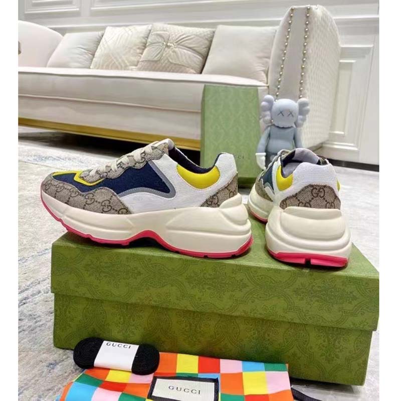 Gucci Unisex Rhyton Sneaker Beige White Blue GG Supreme Canvas Low Heel