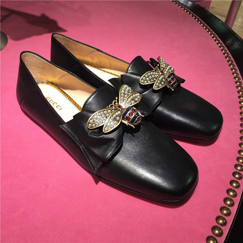 Gucci Women Shoes Leather Ballet Flat with Bow 10mm Heel-Black