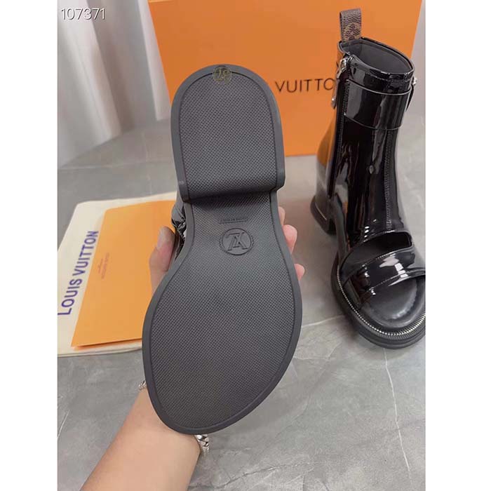 Louis Vuitton LV Women Moonlight Ankle Boot Black Patent Calf Leather Side Zip Padded Footbed Rubber