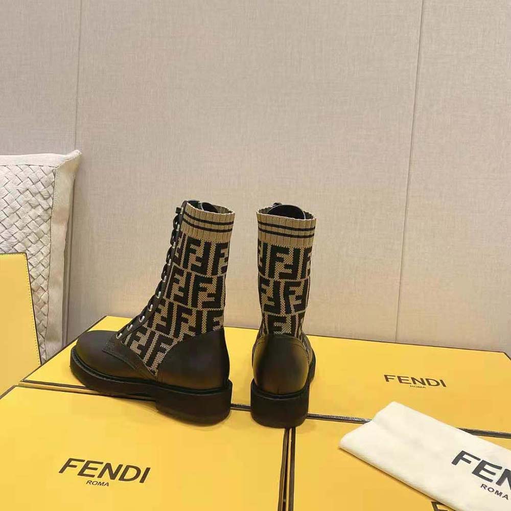 Fendi Women Rockoko Black/Brown Leather Biker Boots with Stretch Fabric
