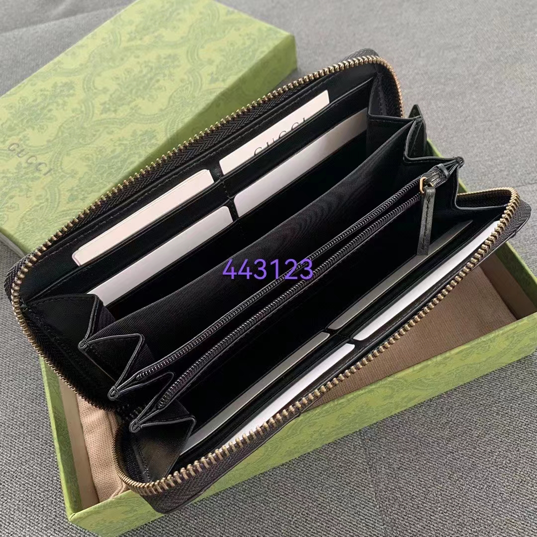 Gucci Unisex GG Marmont Zip Around Wallet Black Matelassé Chevron Leather Double G