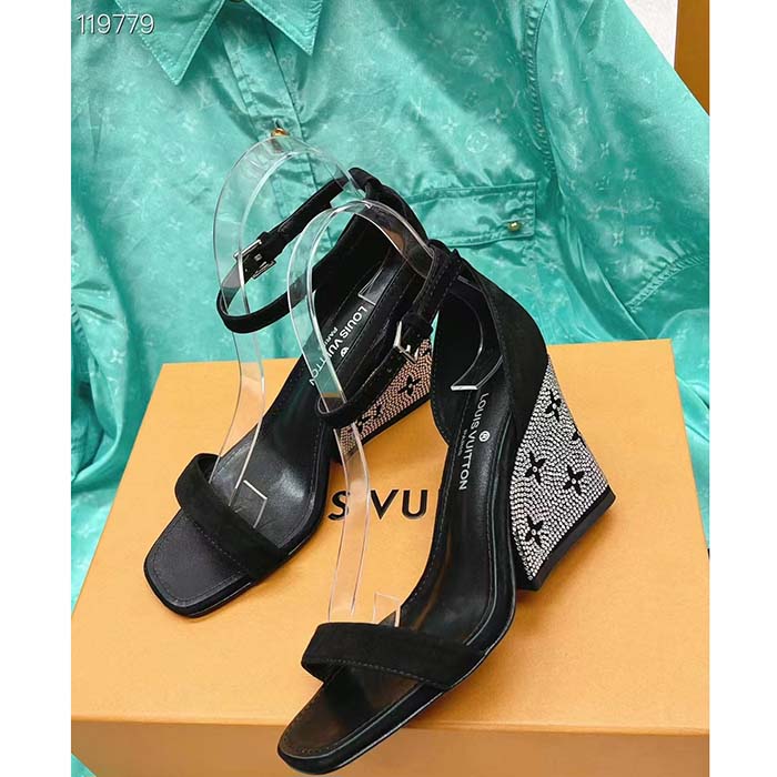 Louis Vuitton LV Women Appeal Wedge Sandal Black Suede Baby Goat Leather Strass