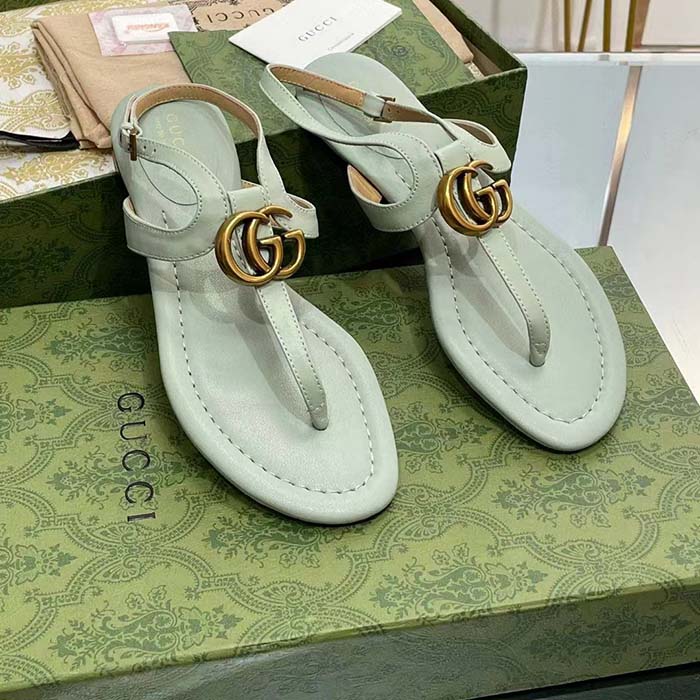 Gucci Women GG Double G Thong Sandal Light Green Leather Flat 0.5 CM Heel