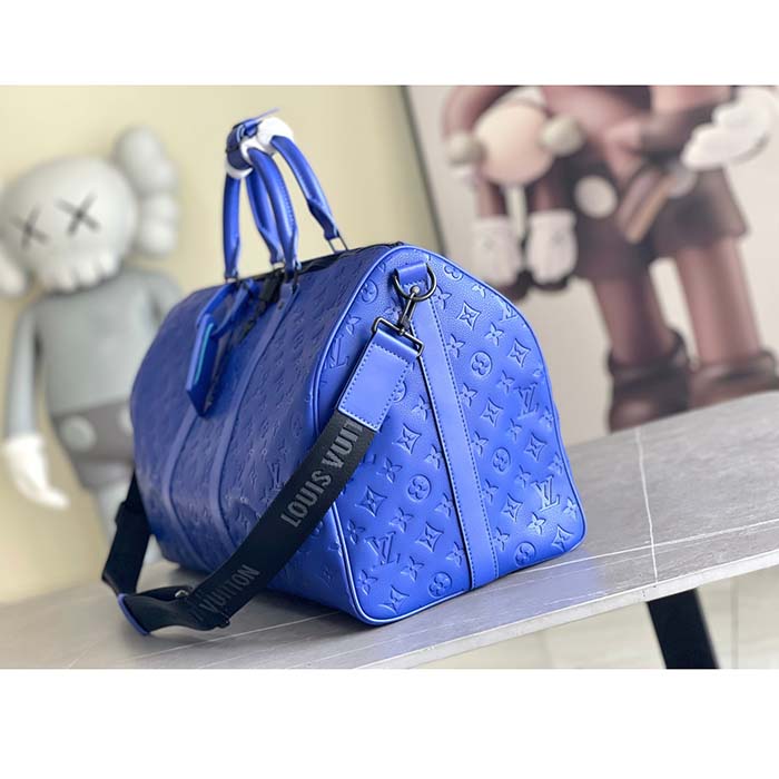 Louis Vuitton LV Unisex Keepall Bandoulière 50 Racing Blue Embossed Taurillon Monogram Cowhide Leather