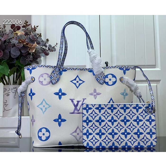 Louis Vuitton LV Unisex Neverfull MM Blue Monogram Coated Canvas Textile Lining