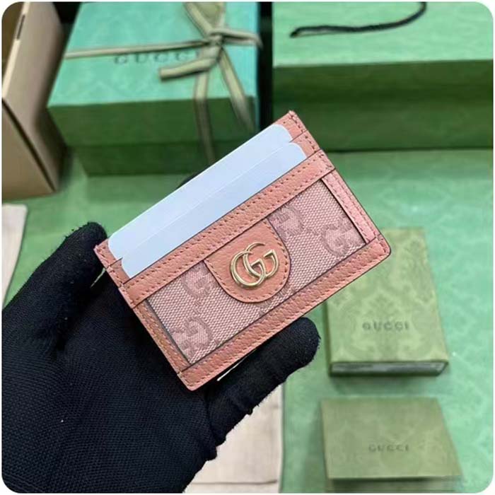 Gucci Unisex Ophidia GG Card Case Wallet Pink Canvas Leather Double G Four Card Slots