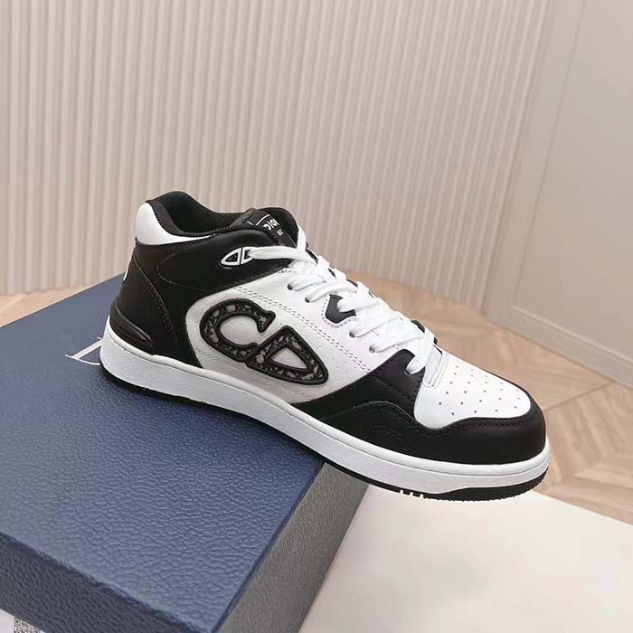 Dior Unisex CD B57 Mid-Top Sneaker Black White Smooth Calfskin Beige Black Oblique Jacquard