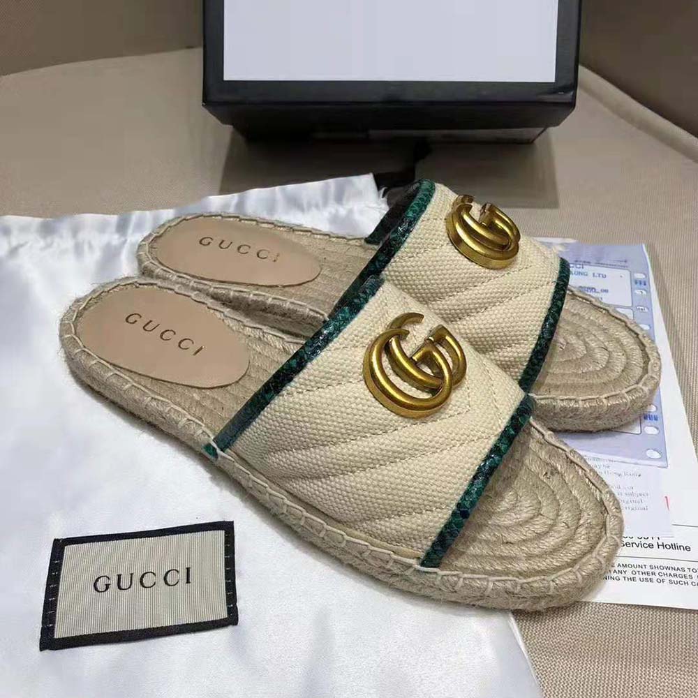 Gucci Women Online Exclusive Chevron Raffia Espadrille Slide with Double G-Sandy