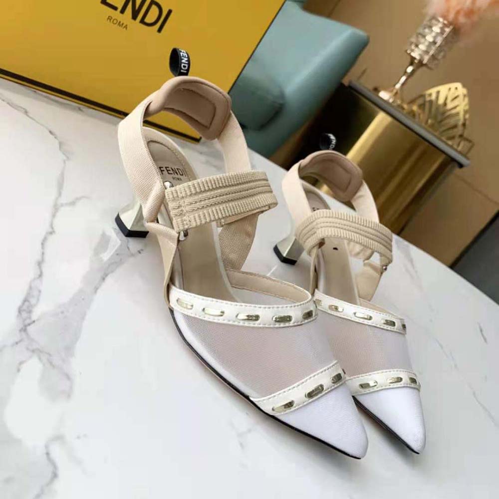 Fendi Women Colibri Pink Mesh High-Heel Slingbacks with Metal Stitches