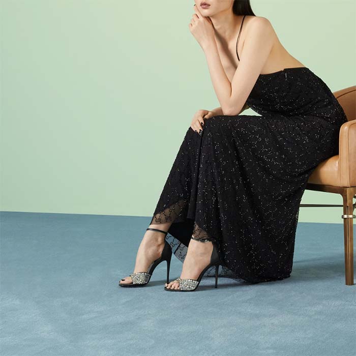 Gucci Women GG Mid-Heel Sandals Crystals Black Satin 11 CM Heel Double G