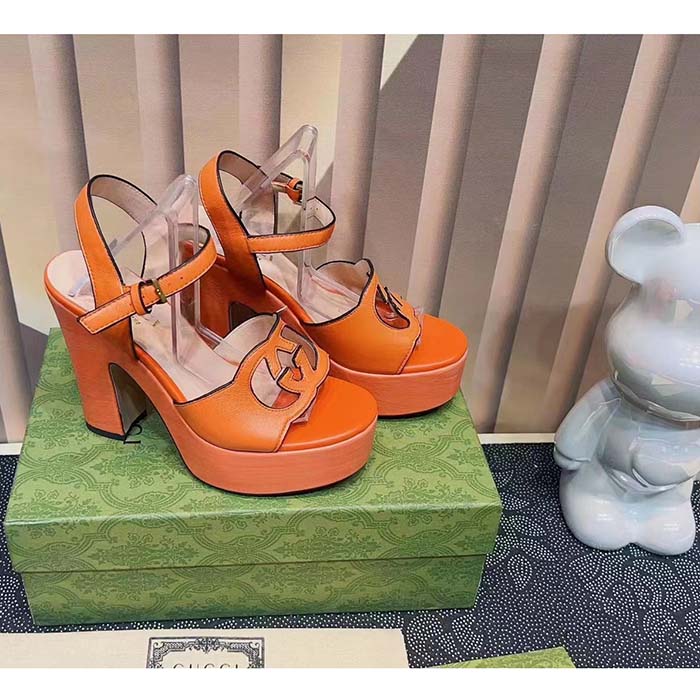Gucci Women GG Interlocking G Sandal Orange Leather Wooden High 12 Cm Heel