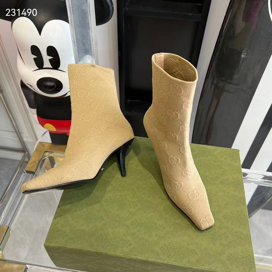Gucci Women GG Knit Ankle Boots Beige GG Technical Knit Fabric Square Toe Leather Mid-Heel