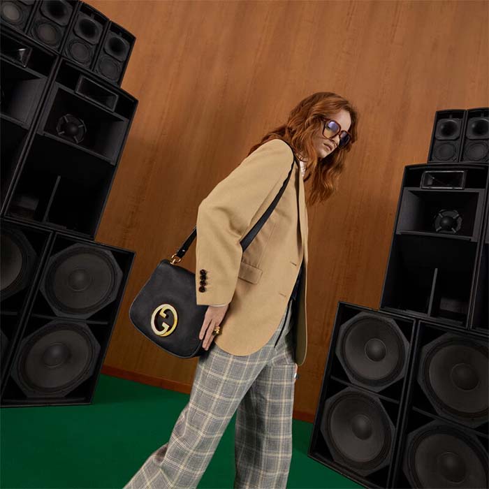 Gucci Women GG Blondie Medium Bag Black Leather Round Interlocking G