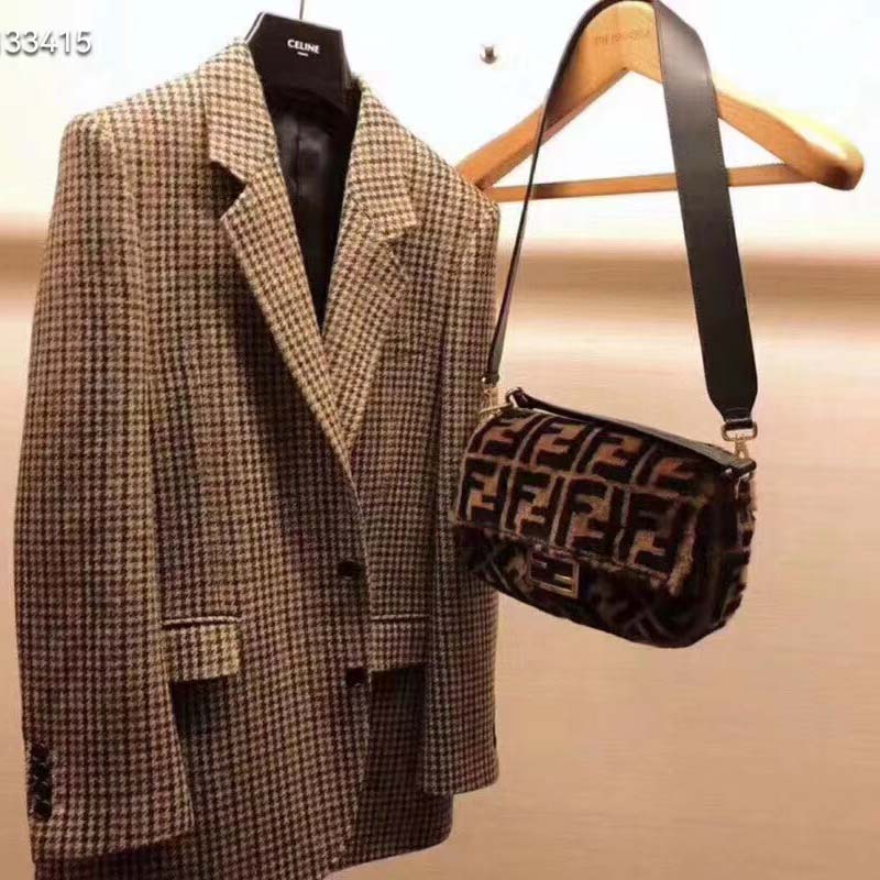 Fendi Women FF Baguette Brown Sheepskin Sheep Fur Calfskin Bag