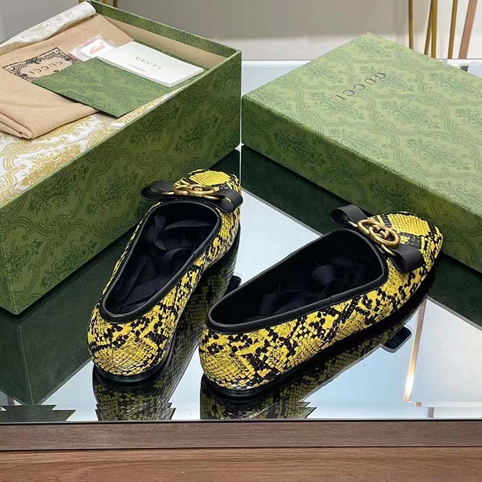 Gucci Women GG Python Ballet Flat Yellow Black Leather Interlocking G Black Leather Bow