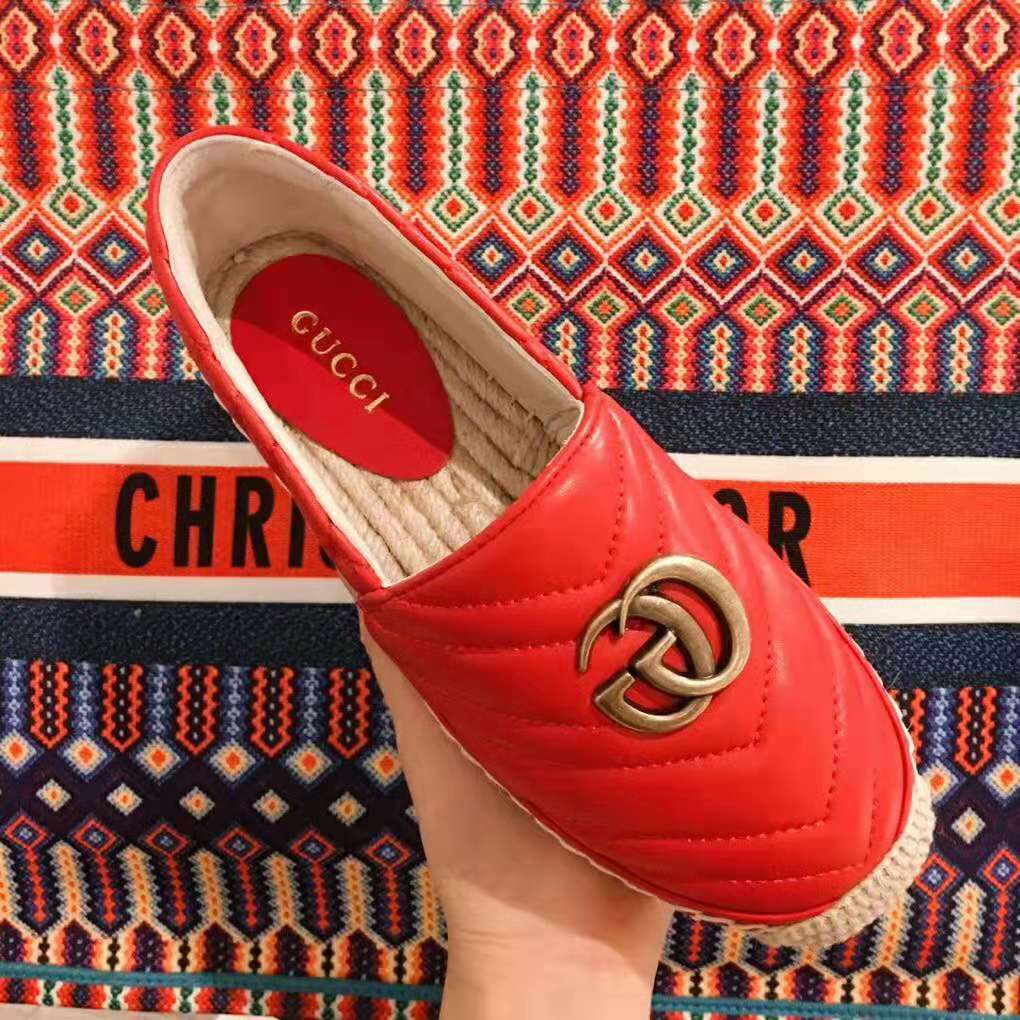 Gucci Women Leather Espadrille with Double G in Matelassé Chevron Leather-Red