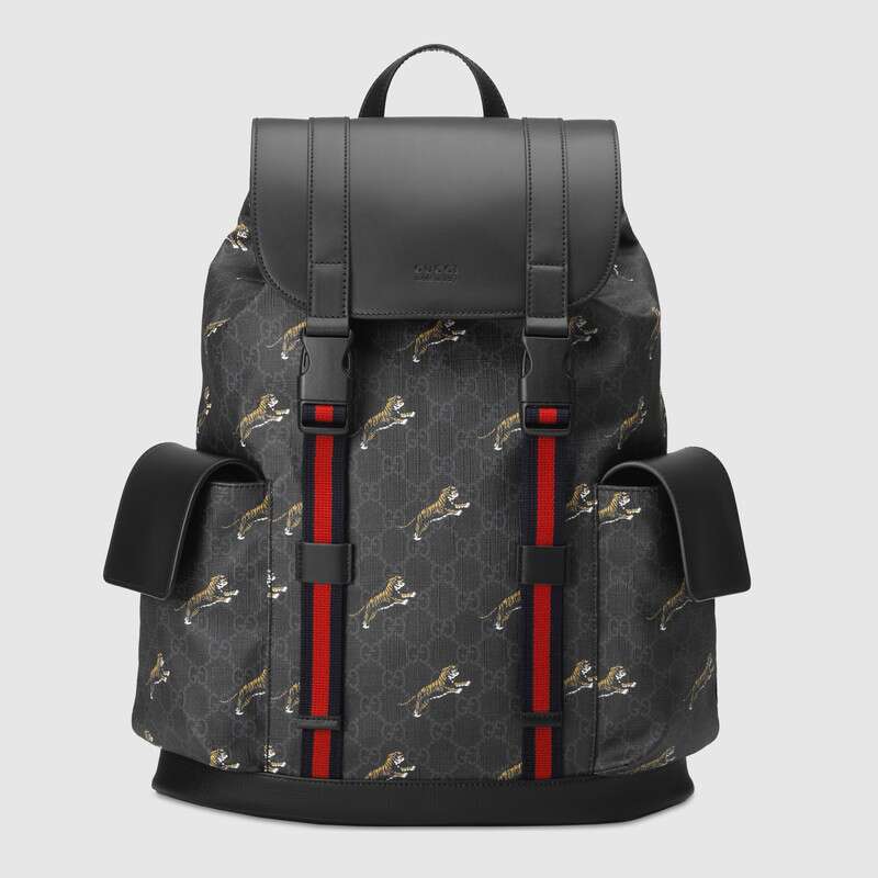 Gucci GG Unisex Gucci Bestiary Backpack with Tigers in Black/Grey Soft GG Supreme Canvas