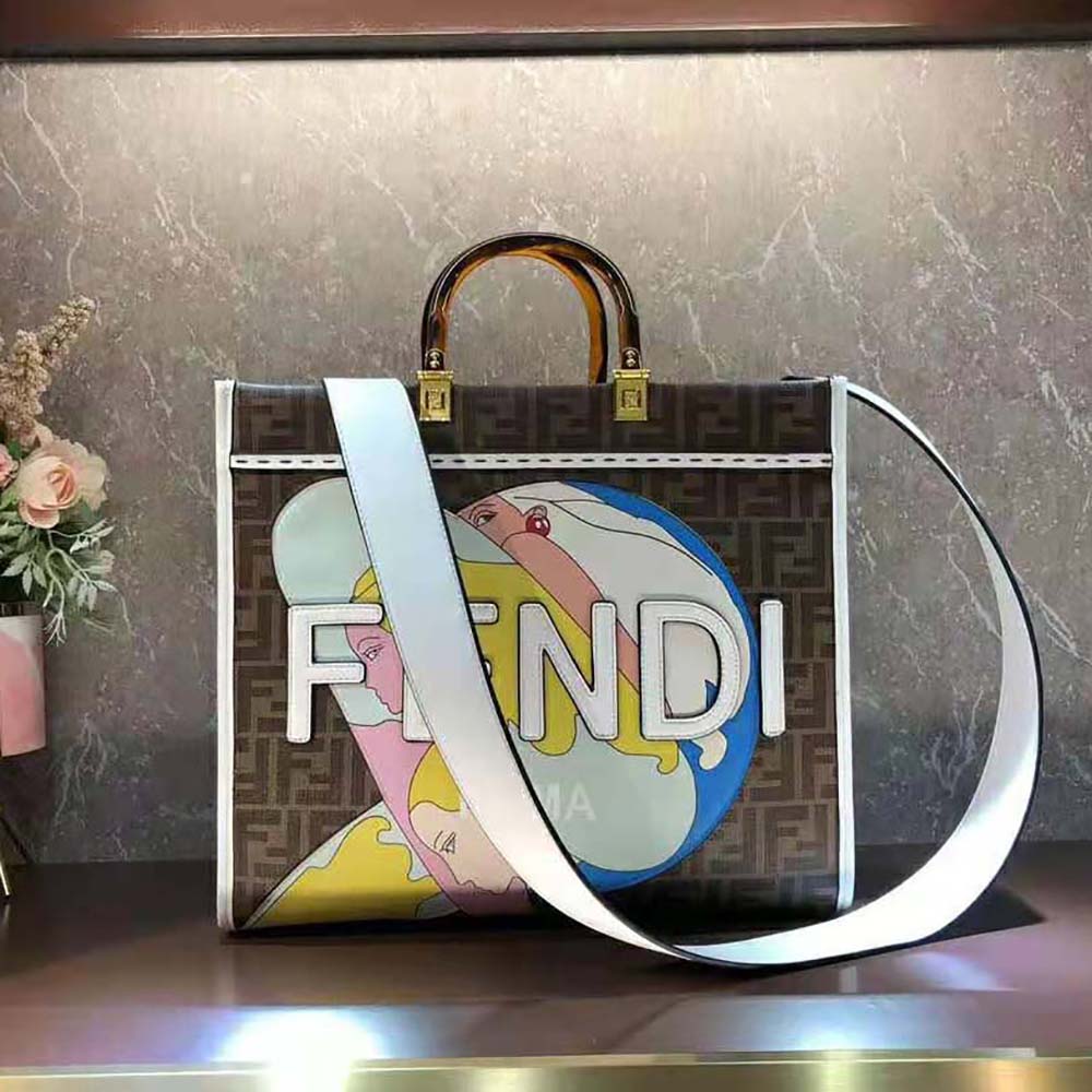 Fendi Women Sunshine Medium FF Glazed Fabric Shopper with Inlay
