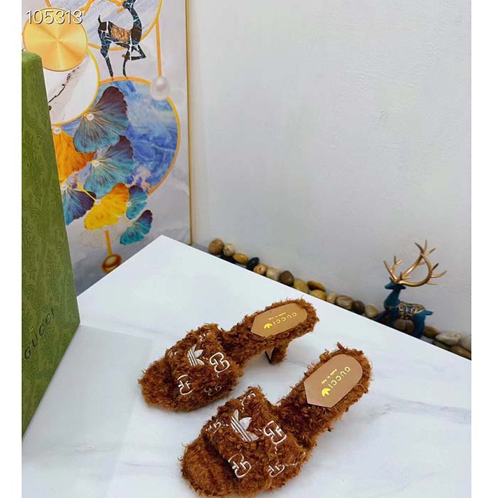 Gucci Women Adidas x Gucci Slide Sandal Brown GG Trefoil Shearling-Effect Fabric